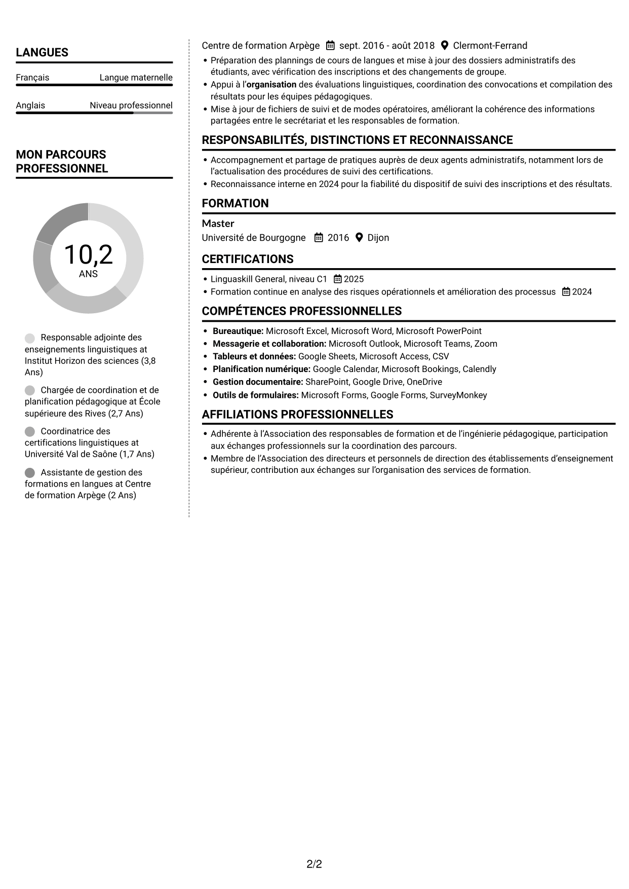 CV Moderne (format à deux colonnes avec photo à gauche et séparateur) : Directeur adjoint des enseignements - Langues et cultures, page 2