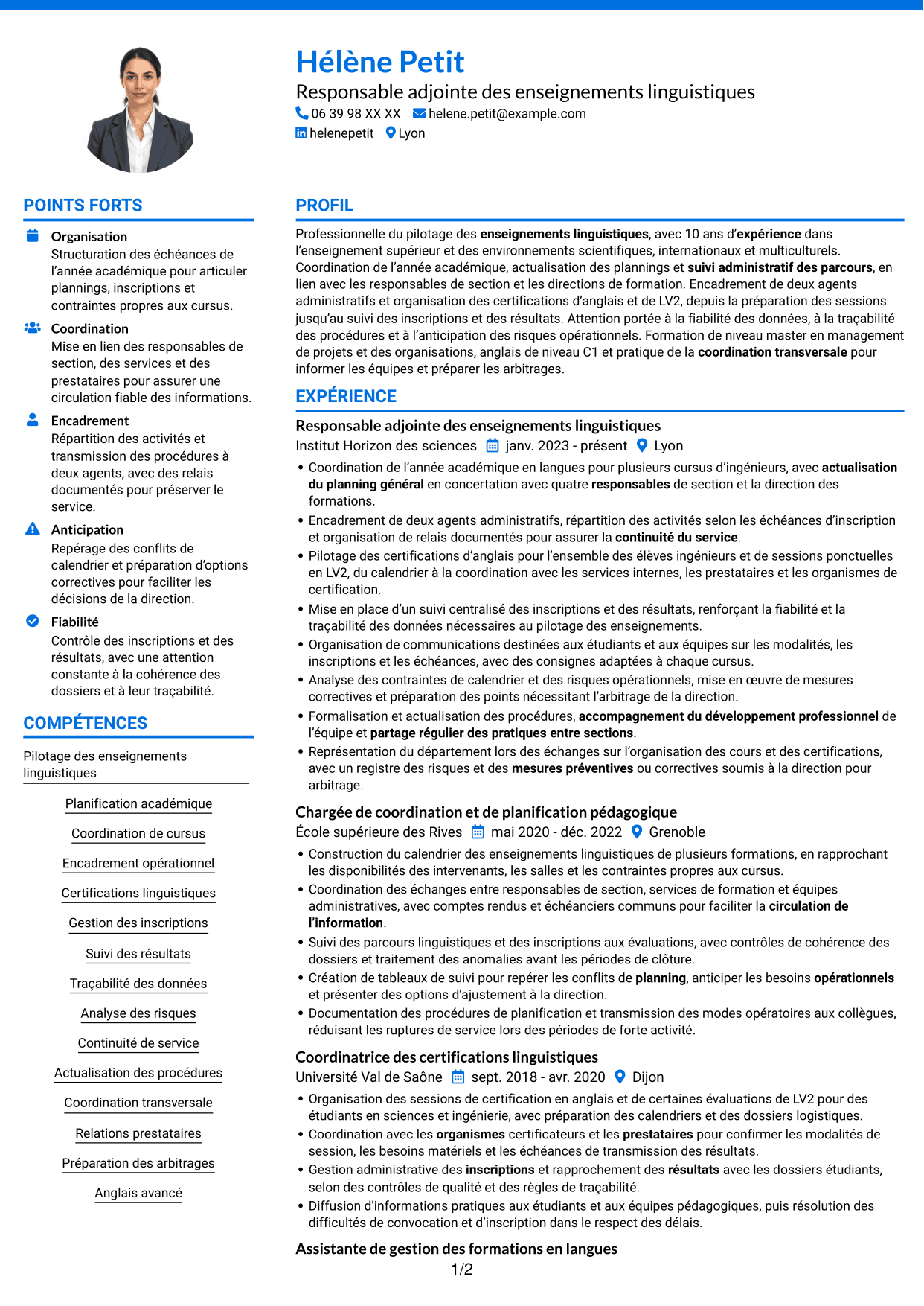 CV Audacieux (format à deux colonnes avec accents colorés et photo) : Directeur adjoint des enseignements - Langues et cultures, page 1