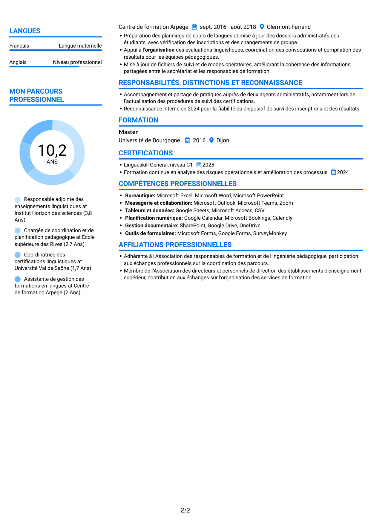 CV Audacieux (format à deux colonnes avec accents colorés et photo) : Directeur adjoint des enseignements - Langues et cultures, page 2