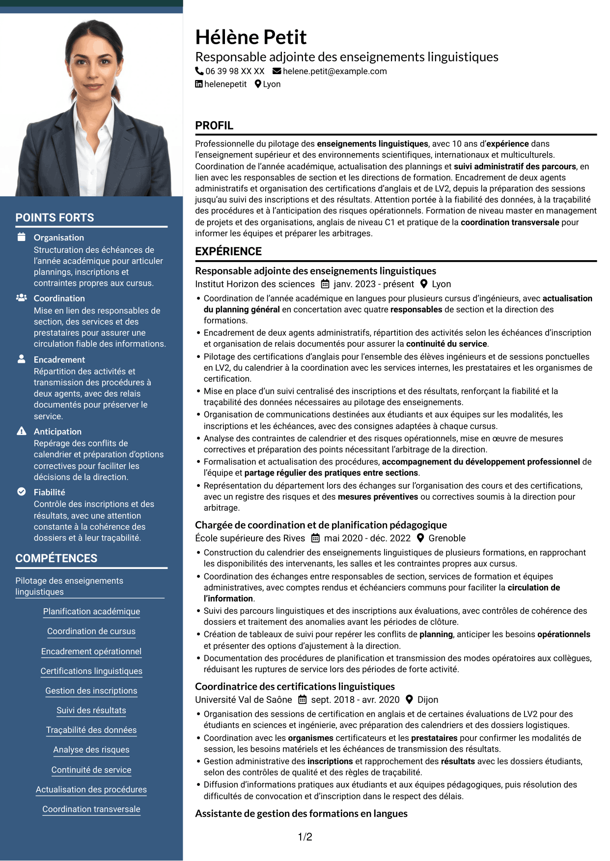 CV Signature (format à colonne latérale colorée avec grande photo) : Directeur adjoint des enseignements - Langues et cultures, page 1