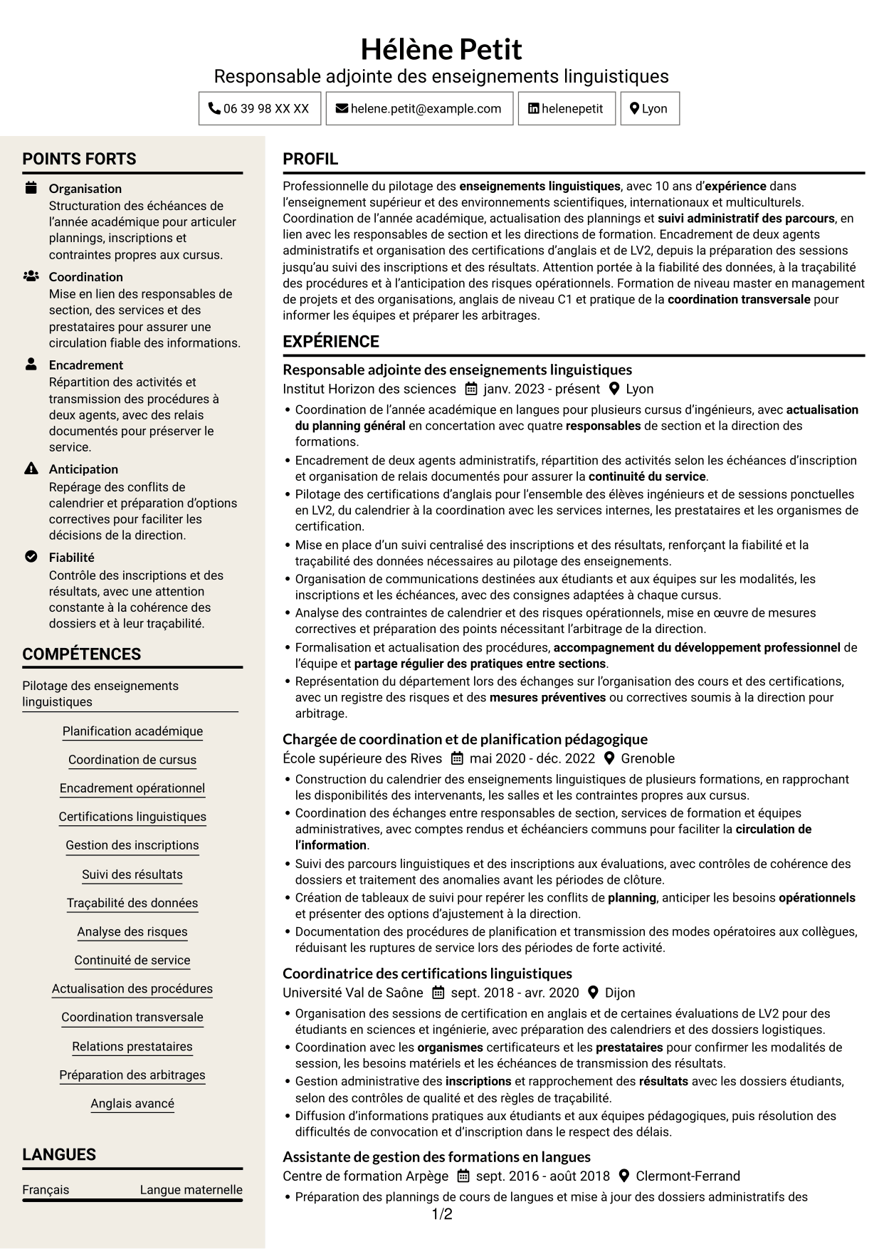 CV Fonceur (format à deux colonnes avec en-tête centré sans photo) : Directeur adjoint des enseignements - Langues et cultures, page 1