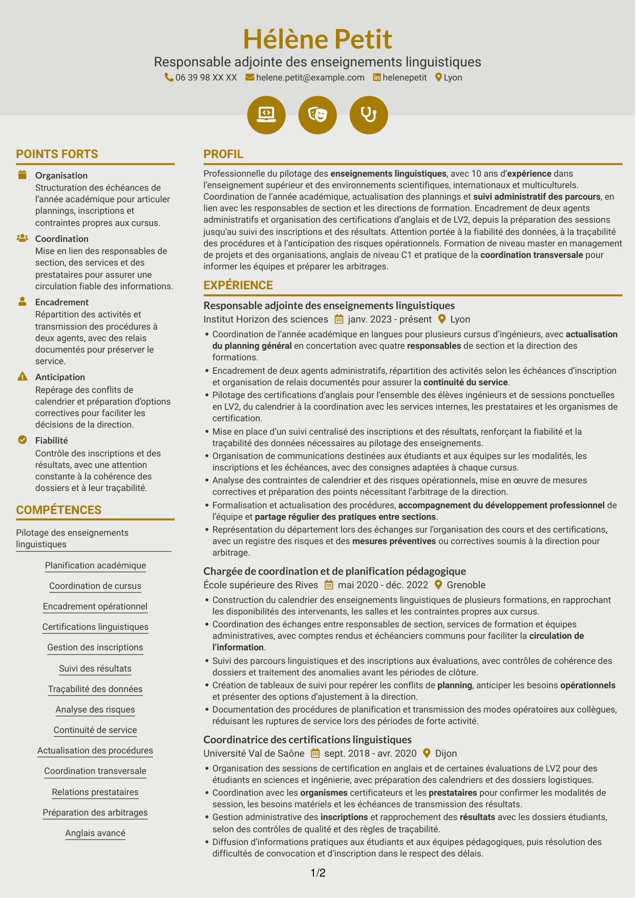 CV Dynamique (format à deux colonnes avec icônes) : Directeur adjoint des enseignements - Langues et cultures, page 1
