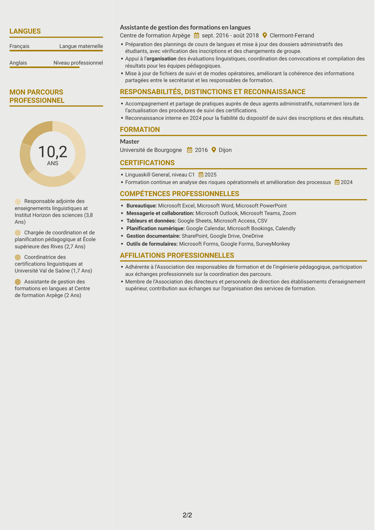 CV Dynamique (format à deux colonnes avec icônes) : Directeur adjoint des enseignements - Langues et cultures, page 2