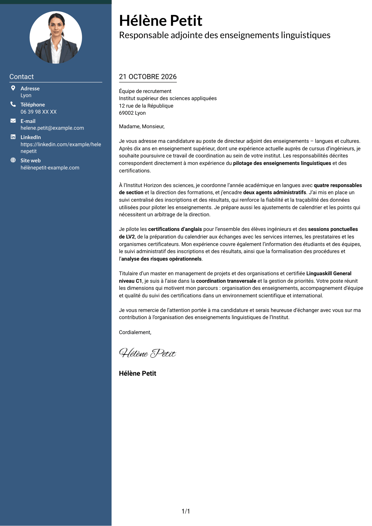 Lettre de motivation Élégant (format à colonne latérale colorée avec photo) : Directeur adjoint des enseignements - Langues et cultures, page 1
