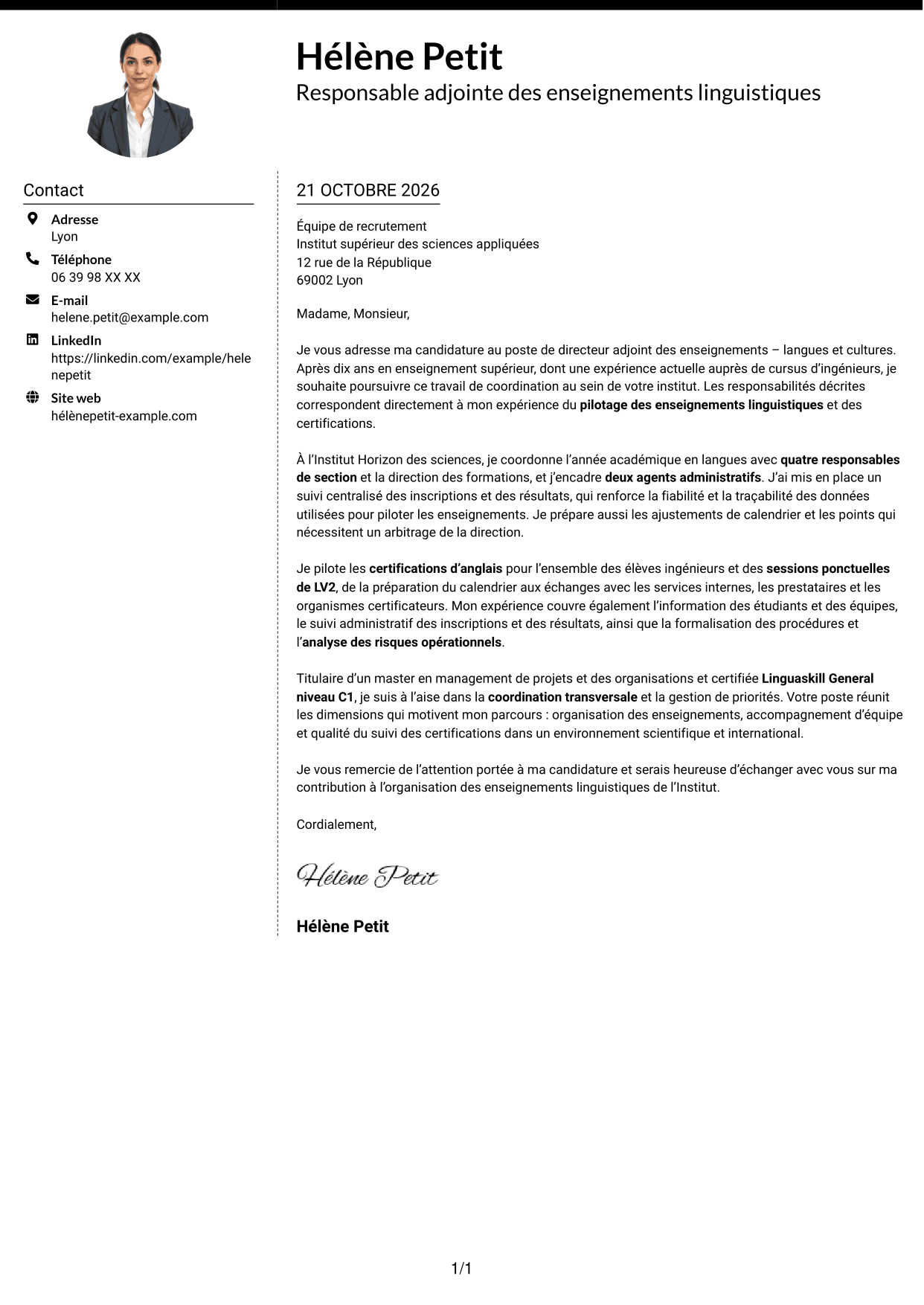 Lettre de motivation Moderne (format à deux colonnes avec photo à gauche et séparateur) : Directeur adjoint des enseignements - Langues et cultures, page 1