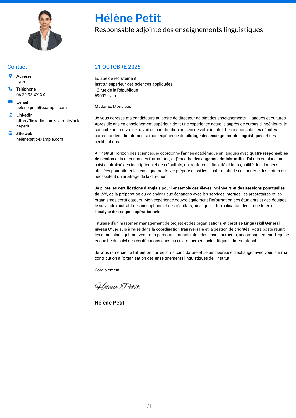 Lettre de motivation Audacieux (format à deux colonnes avec accents colorés et photo) : Directeur adjoint des enseignements - Langues et cultures, page 1