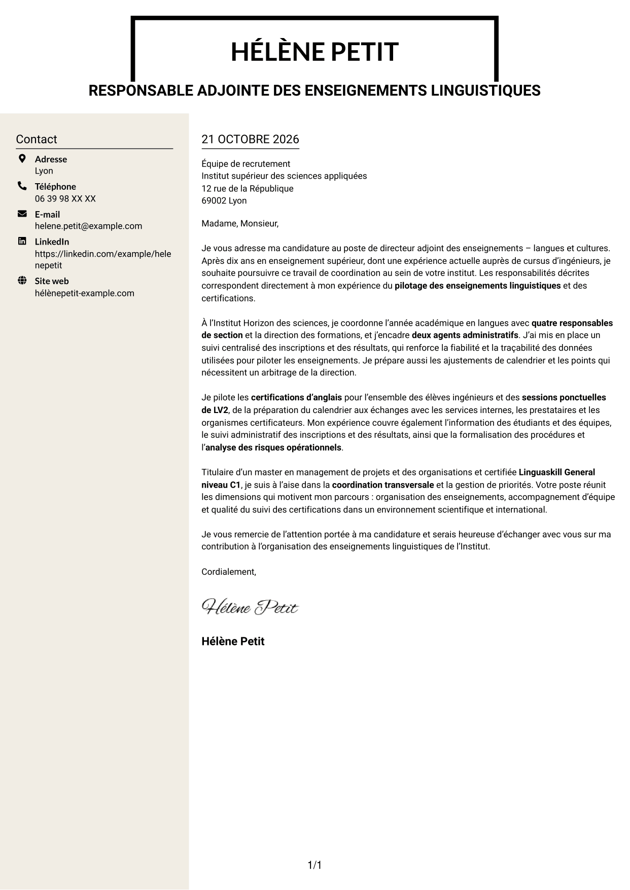 Lettre de motivation Fonceur (format à deux colonnes avec en-tête centré sans photo) : Directeur adjoint des enseignements - Langues et cultures, page 1