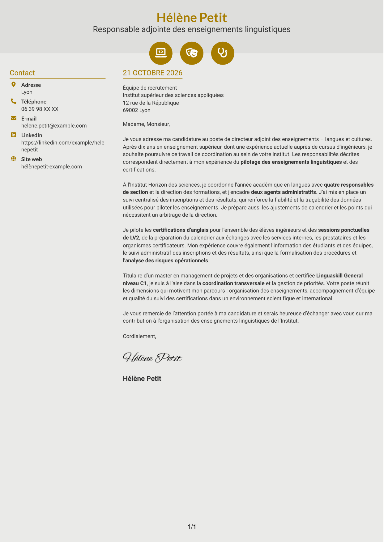 Lettre de motivation Dynamique (format à deux colonnes avec icônes) : Directeur adjoint des enseignements - Langues et cultures, page 1