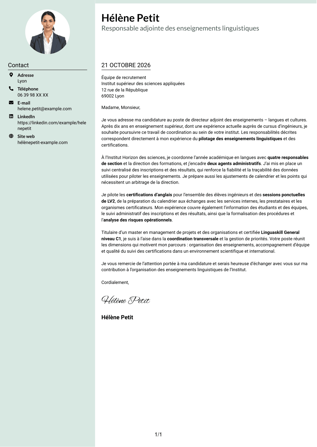 Lettre de motivation Cadre (format à colonne latérale douce avec photo arrondie) : Directeur adjoint des enseignements - Langues et cultures, page 1