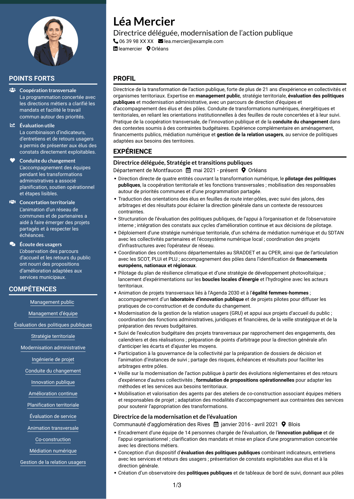 CV Élégant (format à colonne latérale colorée avec photo) : Directeur délégué - Modernisation de l’action publique, page 1