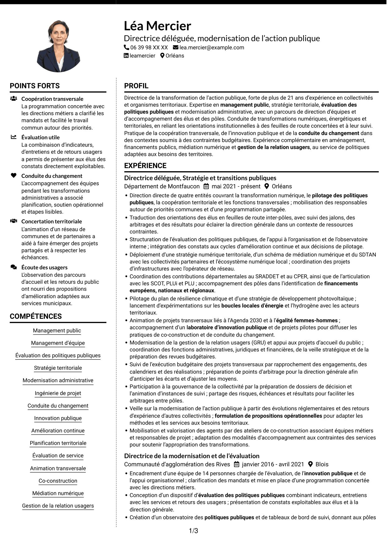 CV Moderne (format à deux colonnes avec photo à gauche et séparateur) : Directeur délégué - Modernisation de l’action publique, page 1