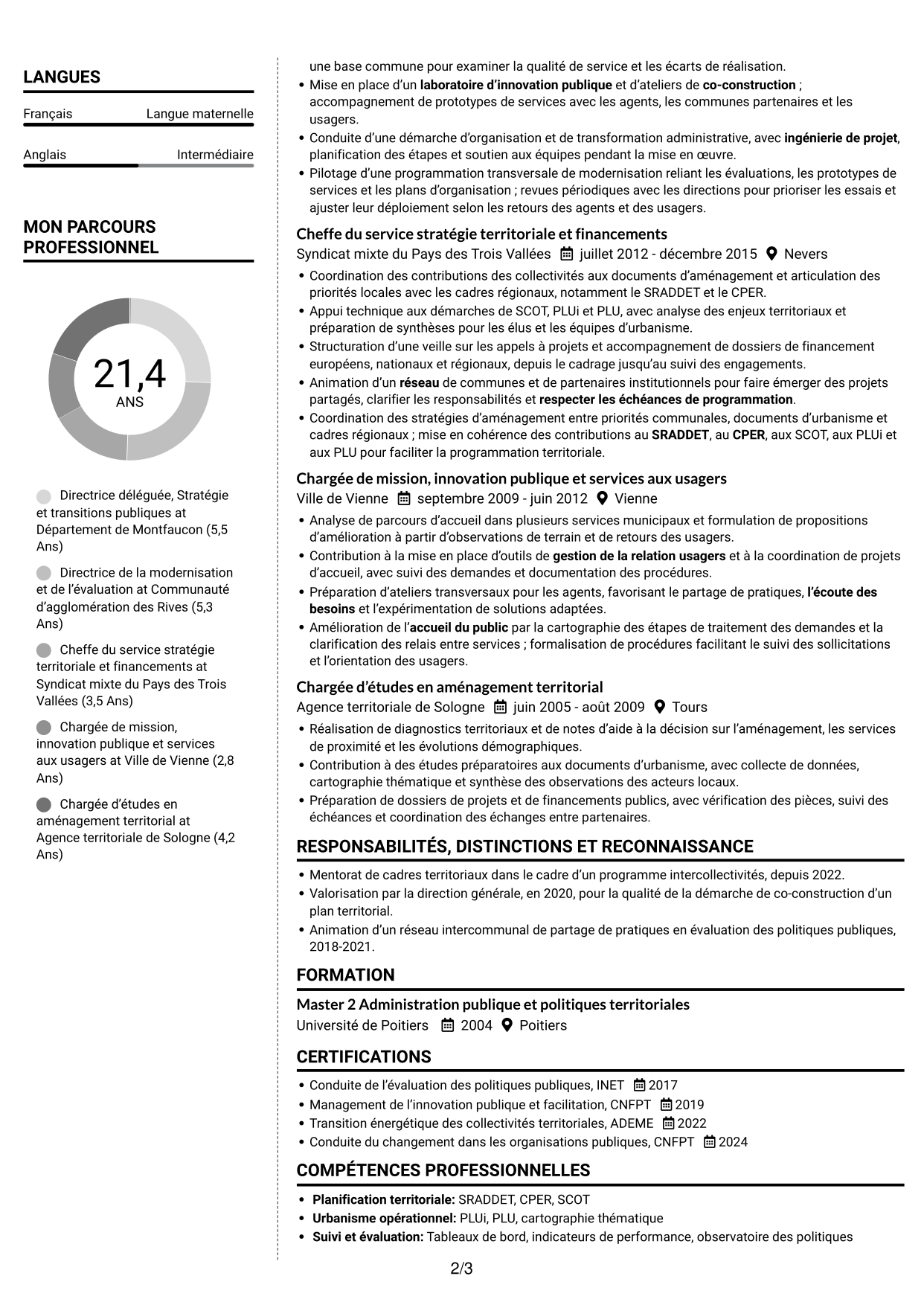 CV Moderne (format à deux colonnes avec photo à gauche et séparateur) : Directeur délégué - Modernisation de l’action publique, page 2