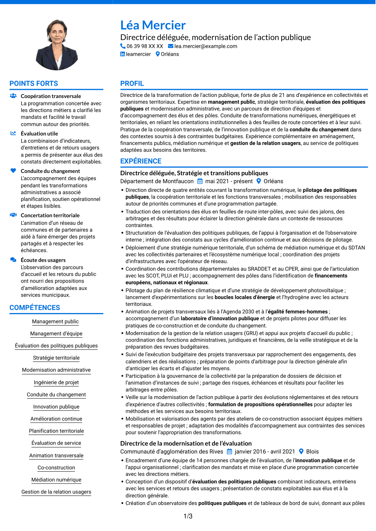 CV Audacieux (format à deux colonnes avec accents colorés et photo) : Directeur délégué - Modernisation de l’action publique, page 1