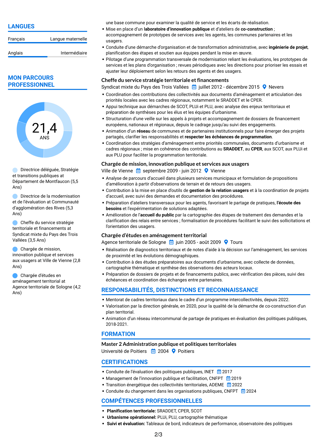CV Audacieux (format à deux colonnes avec accents colorés et photo) : Directeur délégué - Modernisation de l’action publique, page 2