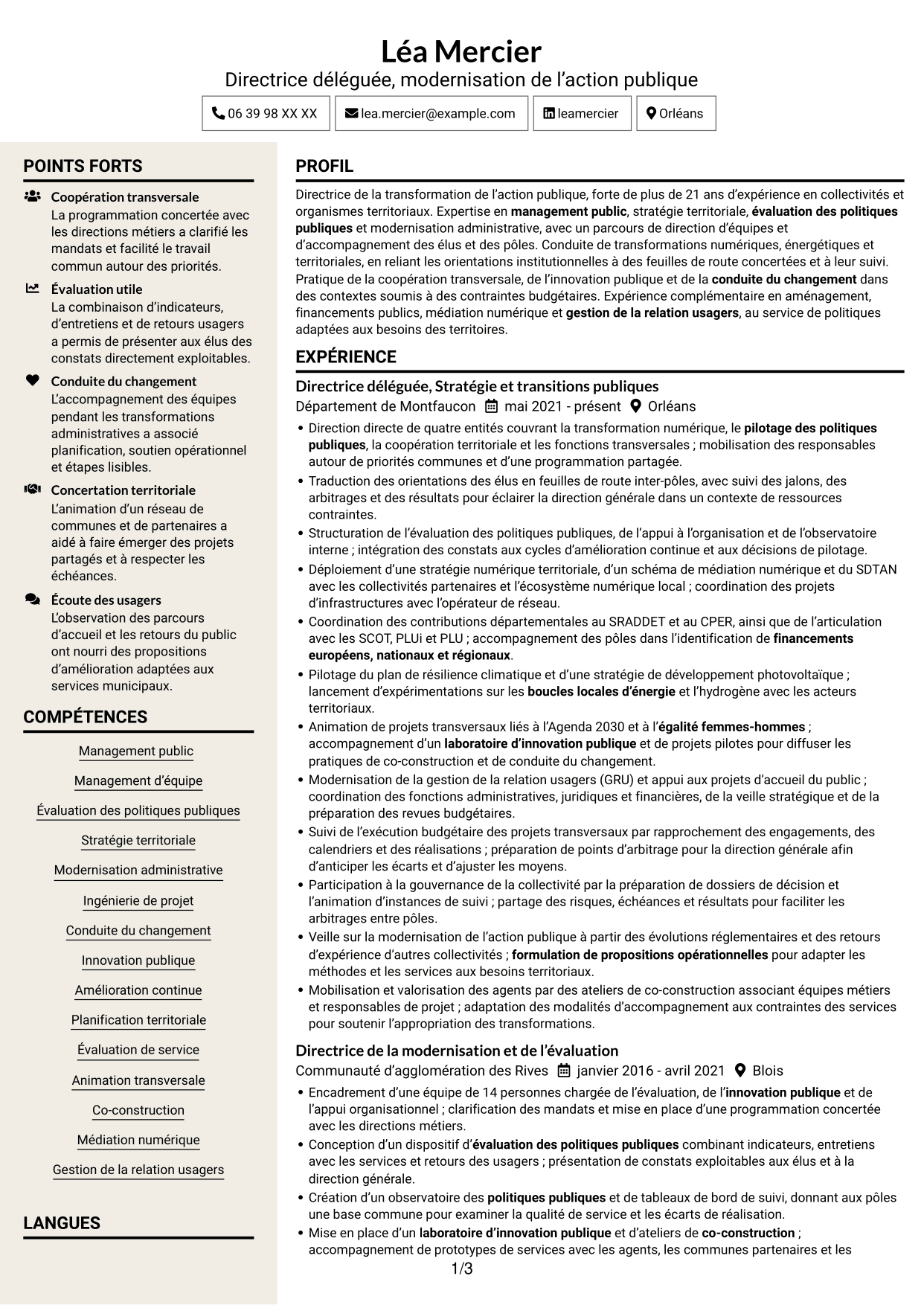 CV Fonceur (format à deux colonnes avec en-tête centré sans photo) : Directeur délégué - Modernisation de l’action publique, page 1