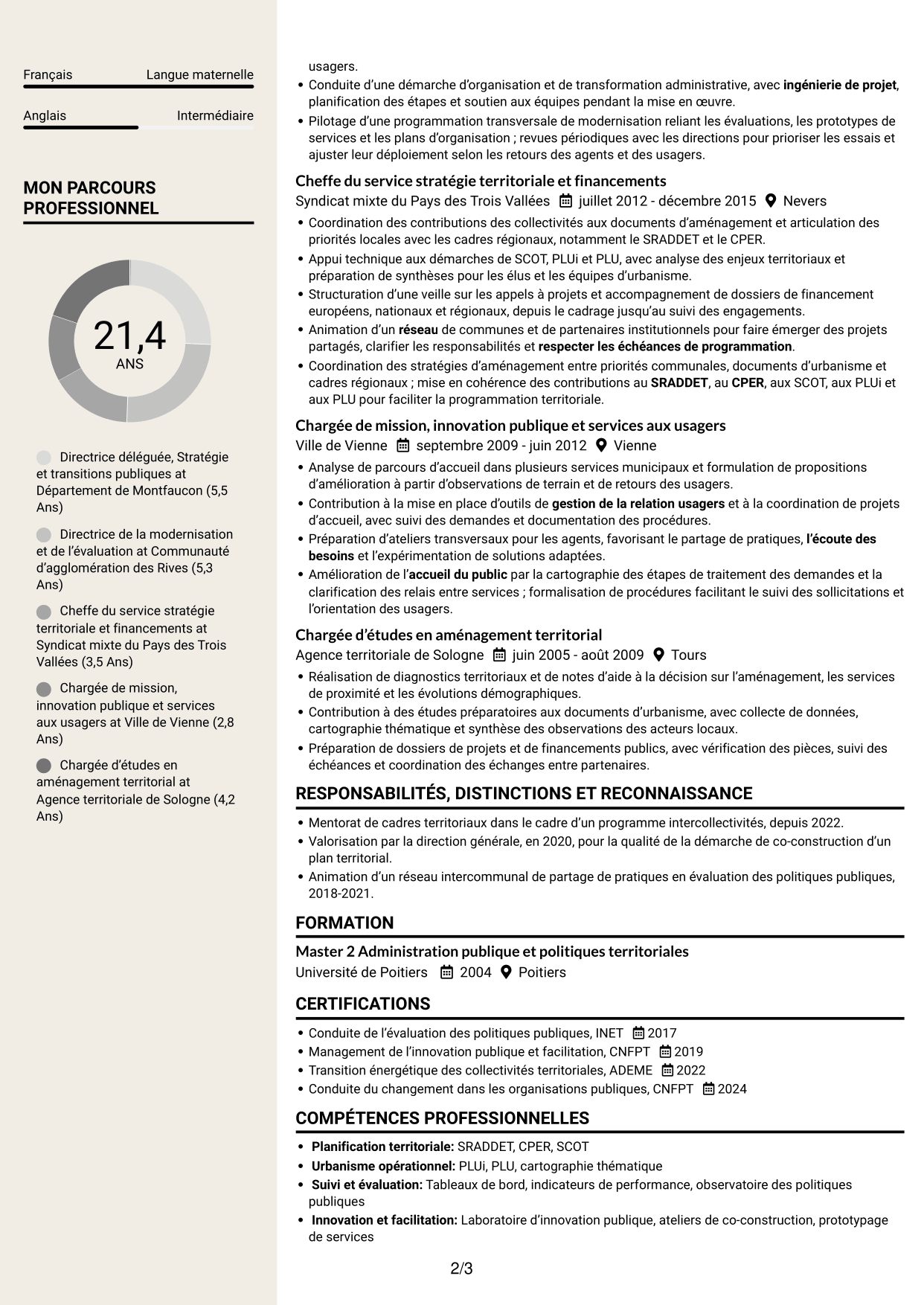 CV Fonceur (format à deux colonnes avec en-tête centré sans photo) : Directeur délégué - Modernisation de l’action publique, page 2