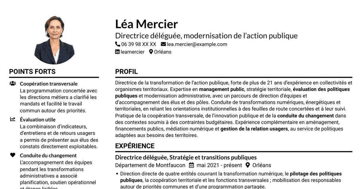 7 modèles de CV pour Directeur délégué - Modernisation de l’action publique, avec exemples