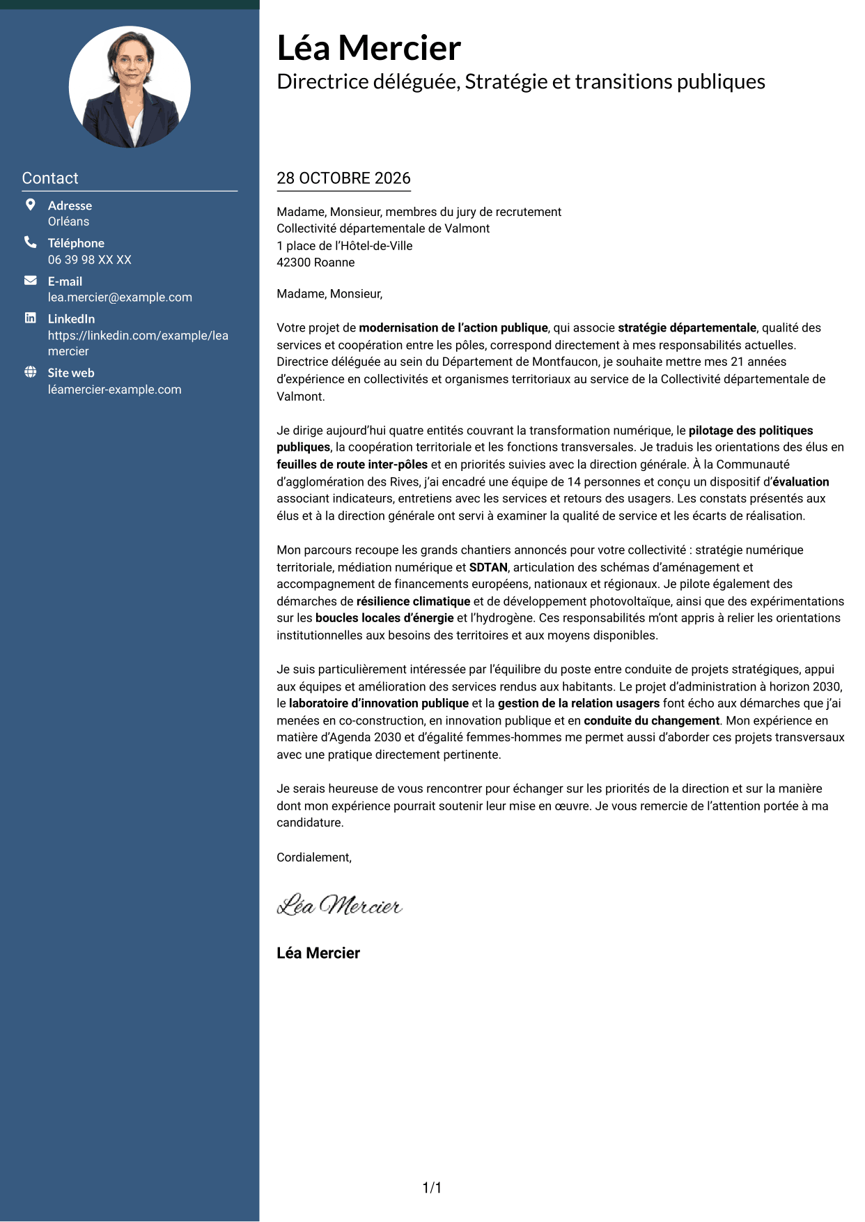 Lettre de motivation Élégant (format à colonne latérale colorée avec photo) : Directeur délégué - Modernisation de l’action publique, page 1