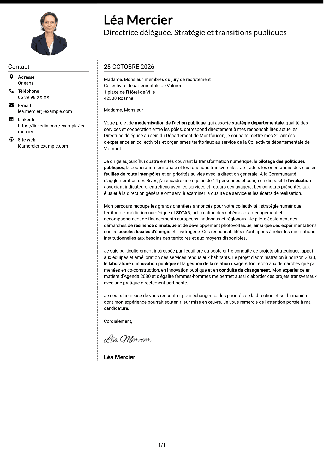Lettre de motivation Moderne (format à deux colonnes avec photo à gauche et séparateur) : Directeur délégué - Modernisation de l’action publique, page 1
