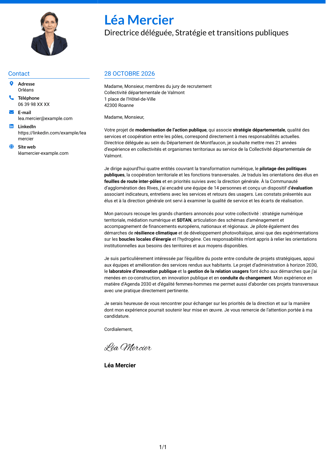 Lettre de motivation Audacieux (format à deux colonnes avec accents colorés et photo) : Directeur délégué - Modernisation de l’action publique, page 1