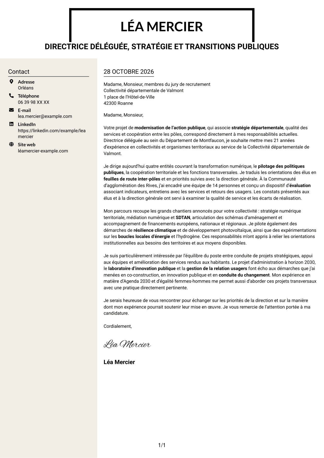Lettre de motivation Fonceur (format à deux colonnes avec en-tête centré sans photo) : Directeur délégué - Modernisation de l’action publique, page 1