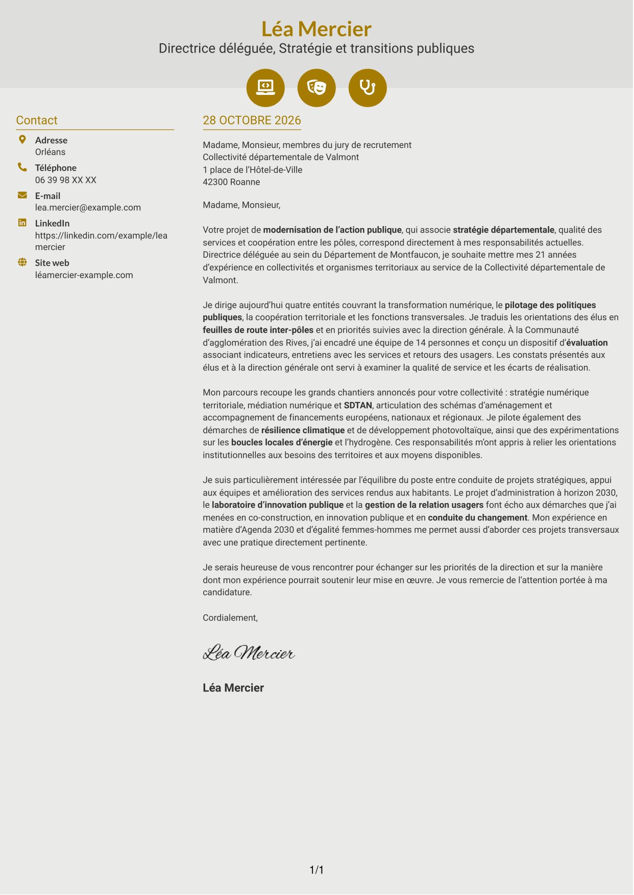 Lettre de motivation Dynamique (format à deux colonnes avec icônes) : Directeur délégué - Modernisation de l’action publique, page 1