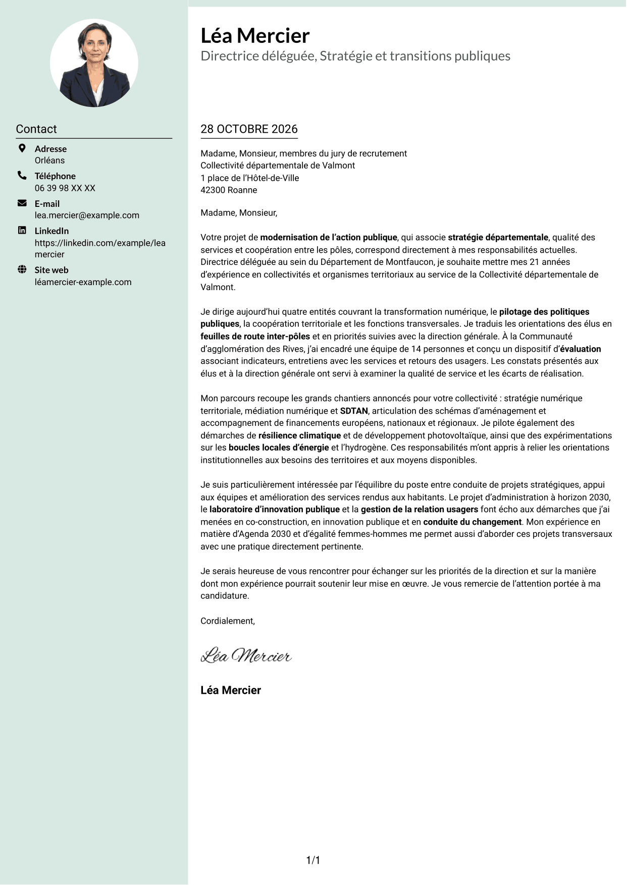 Lettre de motivation Cadre (format à colonne latérale douce avec photo arrondie) : Directeur délégué - Modernisation de l’action publique, page 1