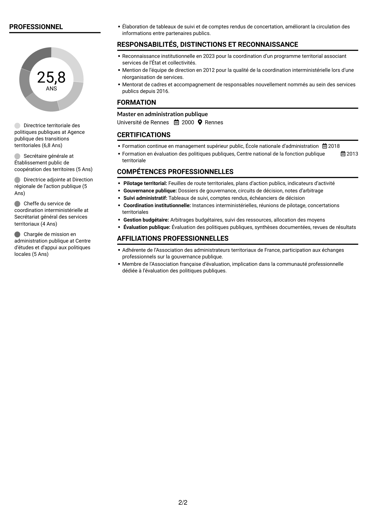 CV Compact (format sobre à deux colonnes avec photo) : Directeur départemental interministériel - Pilotage des politiques publiques, page 2
