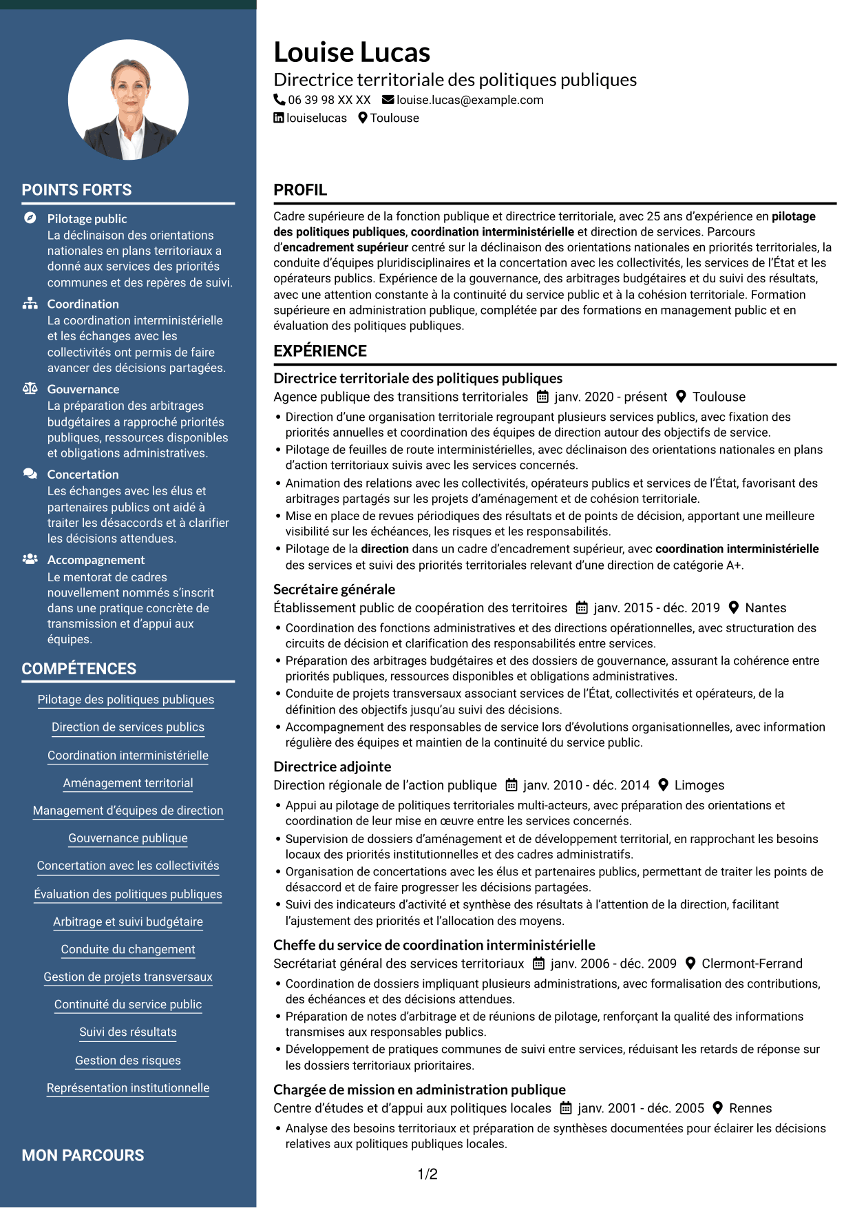 CV Élégant (format à colonne latérale colorée avec photo) : Directeur départemental interministériel - Pilotage des politiques publiques, page 1