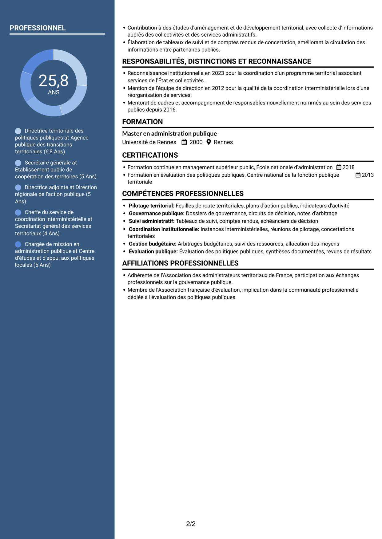 CV Élégant (format à colonne latérale colorée avec photo) : Directeur départemental interministériel - Pilotage des politiques publiques, page 2