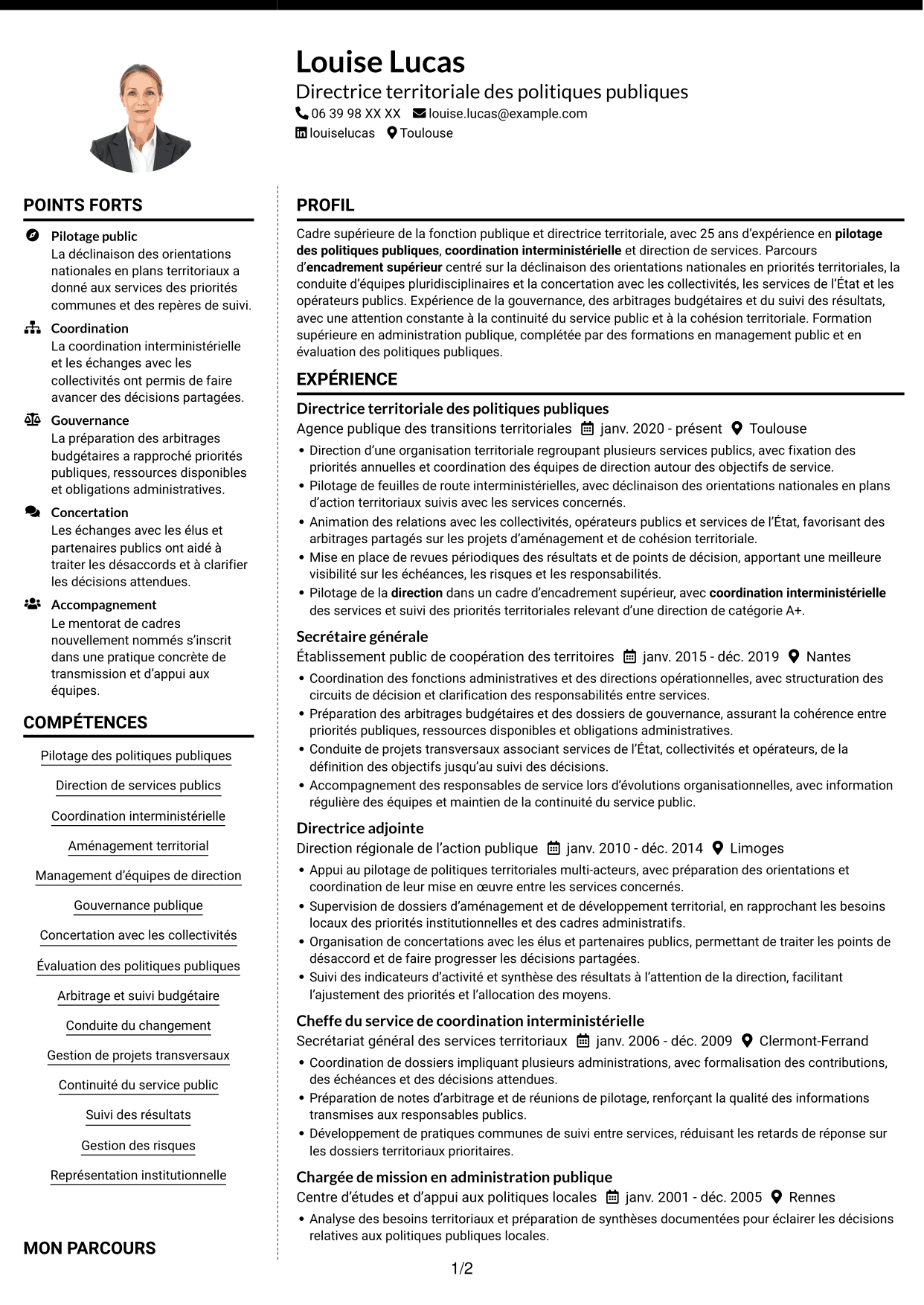 CV Moderne (format à deux colonnes avec photo à gauche et séparateur) : Directeur départemental interministériel - Pilotage des politiques publiques, page 1