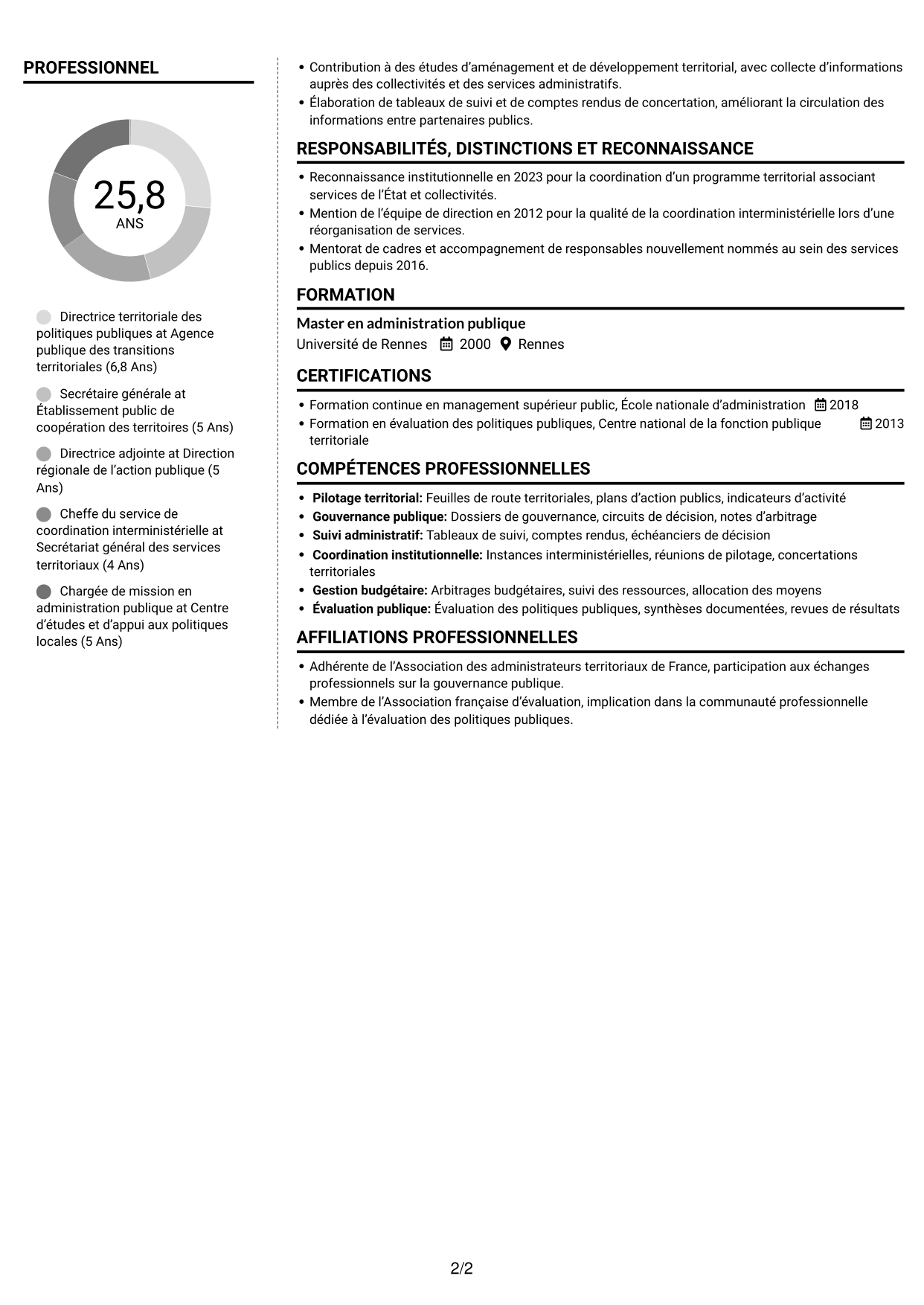 CV Moderne (format à deux colonnes avec photo à gauche et séparateur) : Directeur départemental interministériel - Pilotage des politiques publiques, page 2