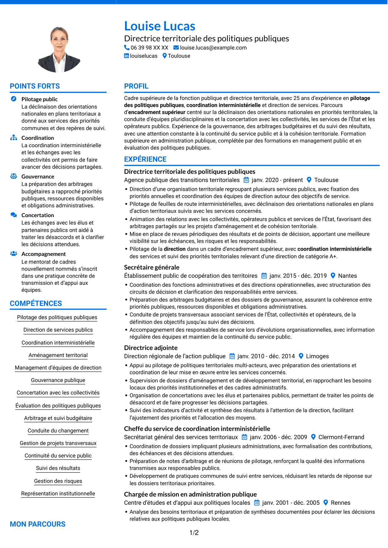 CV Audacieux (format à deux colonnes avec accents colorés et photo) : Directeur départemental interministériel - Pilotage des politiques publiques, page 1