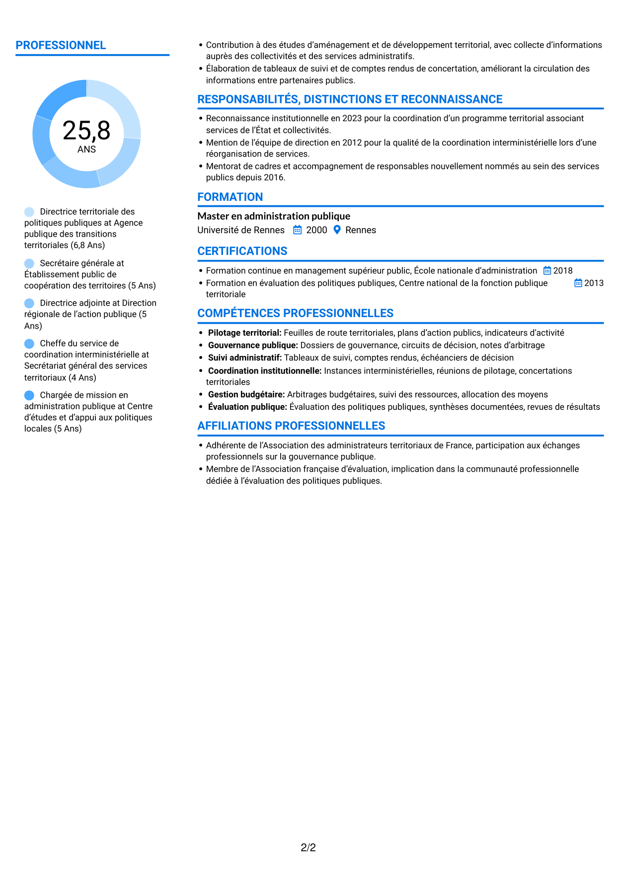 CV Audacieux (format à deux colonnes avec accents colorés et photo) : Directeur départemental interministériel - Pilotage des politiques publiques, page 2