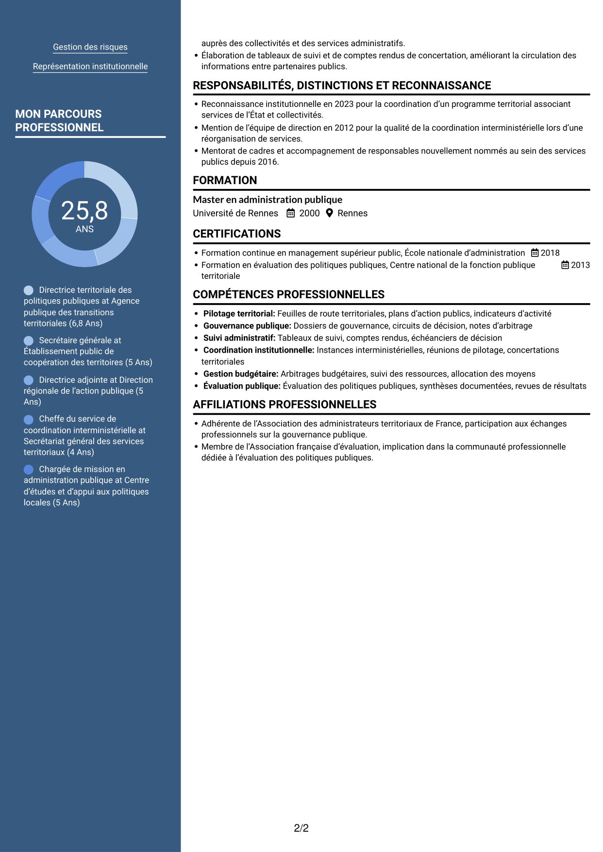 CV Signature (format à colonne latérale colorée avec grande photo) : Directeur départemental interministériel - Pilotage des politiques publiques, page 2