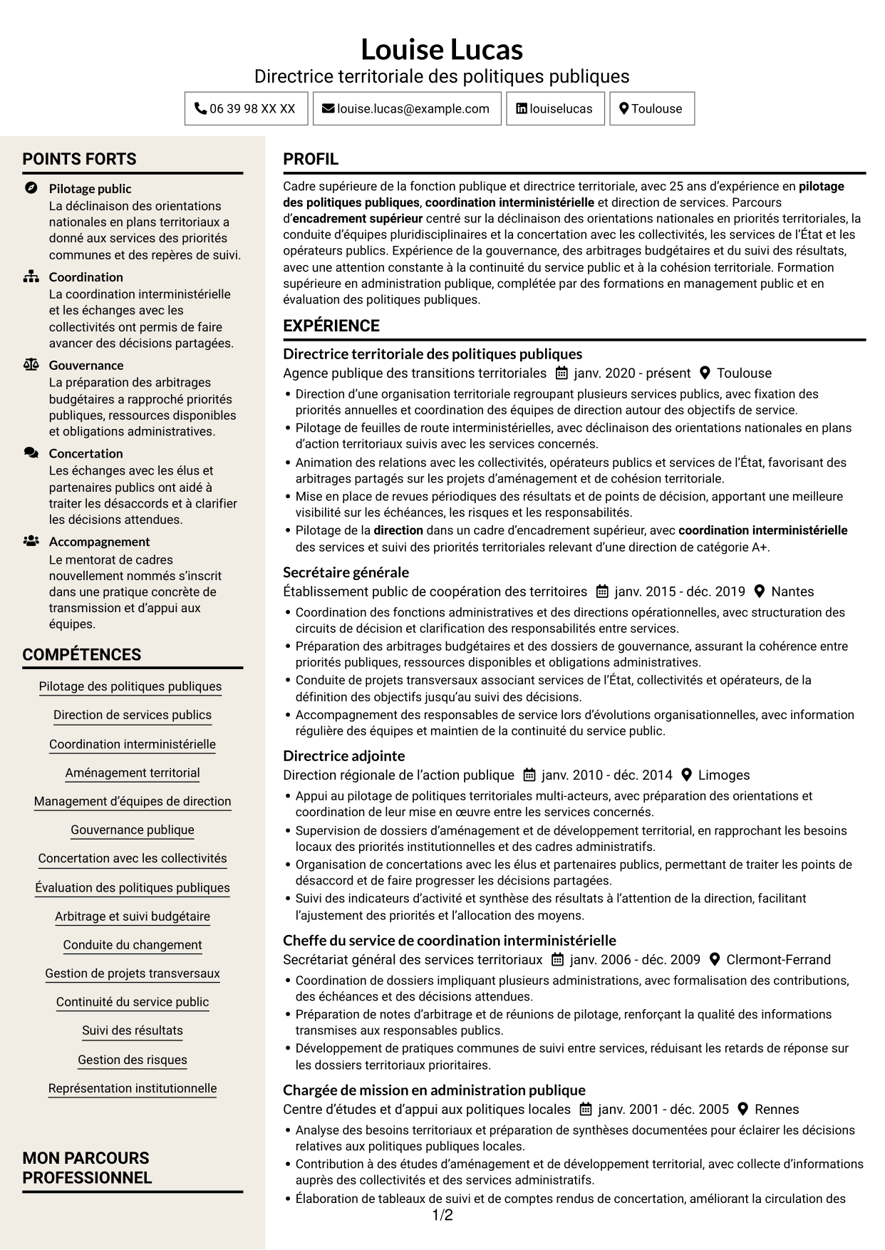 CV Fonceur (format à deux colonnes avec en-tête centré sans photo) : Directeur départemental interministériel - Pilotage des politiques publiques, page 1