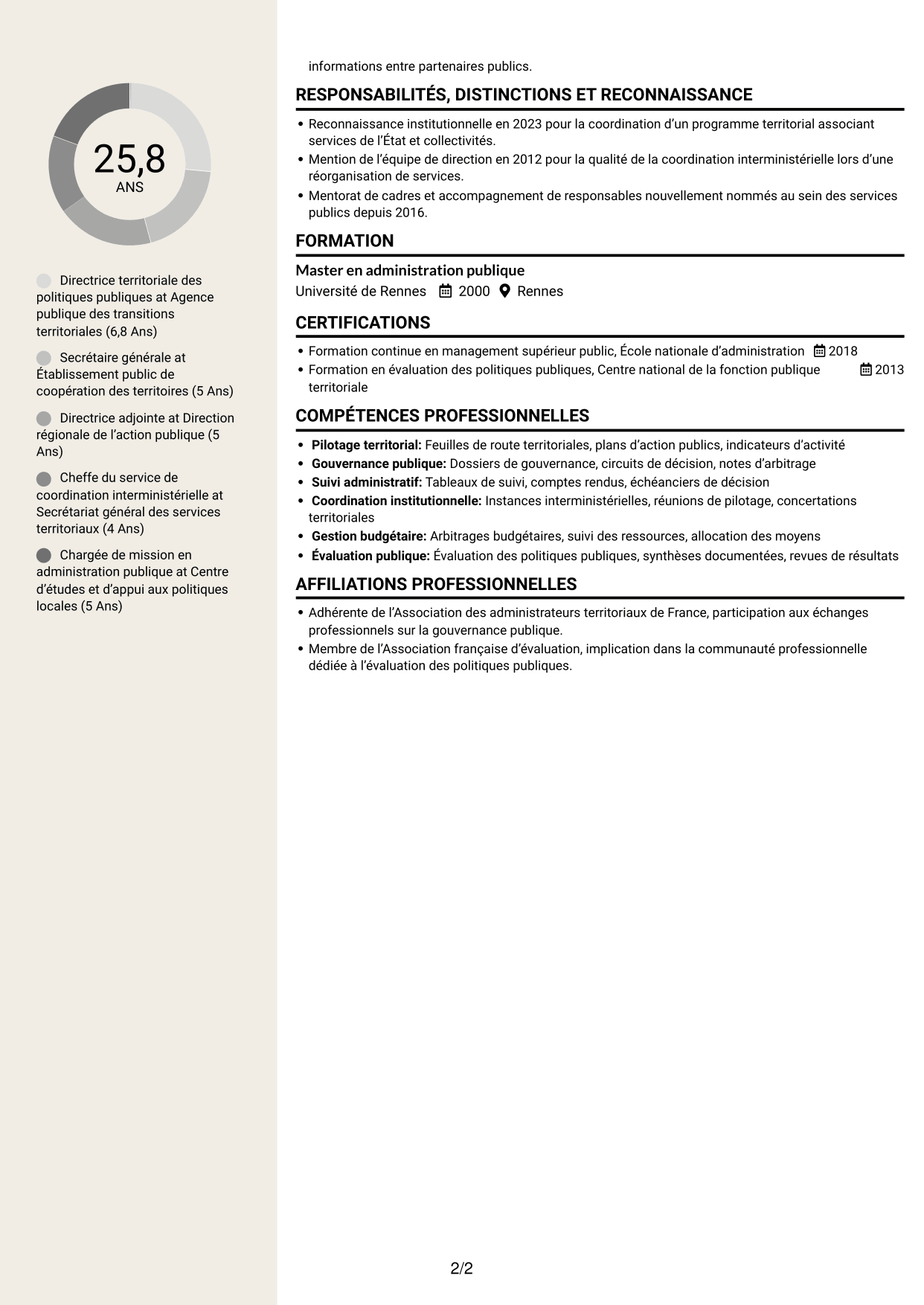 CV Fonceur (format à deux colonnes avec en-tête centré sans photo) : Directeur départemental interministériel - Pilotage des politiques publiques, page 2