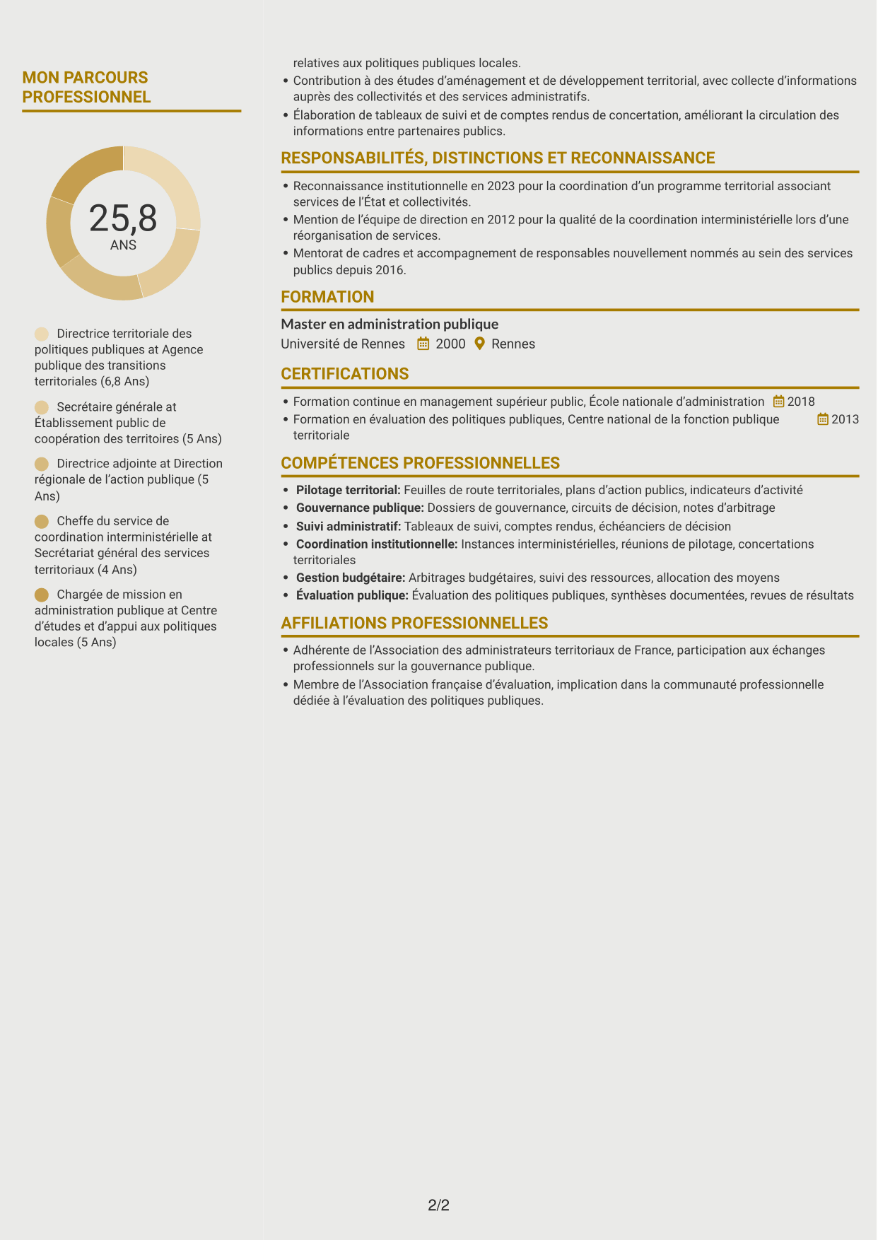 CV Dynamique (format à deux colonnes avec icônes) : Directeur départemental interministériel - Pilotage des politiques publiques, page 2