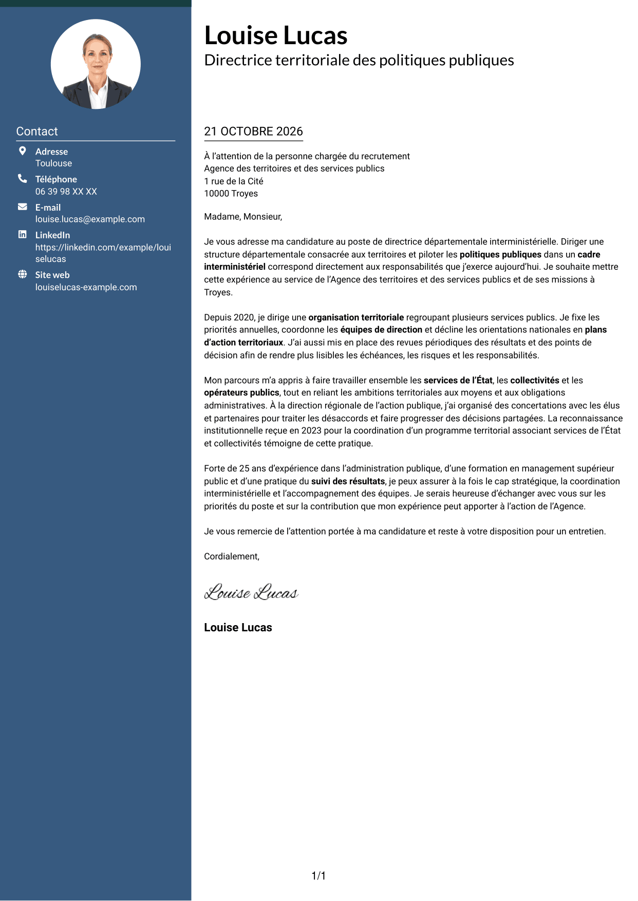 Lettre de motivation Élégant (format à colonne latérale colorée avec photo) : Directeur départemental interministériel - Pilotage des politiques publiques, page 1