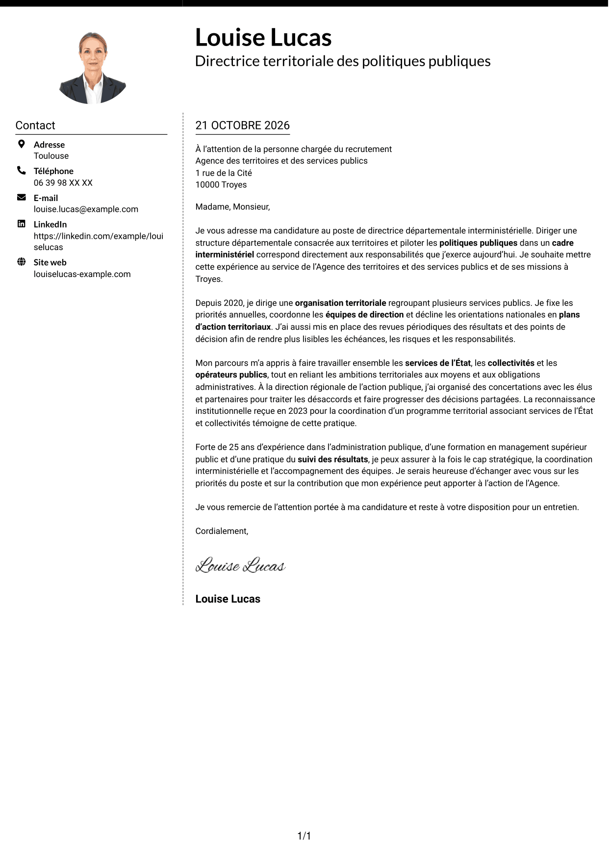 Lettre de motivation Moderne (format à deux colonnes avec photo à gauche et séparateur) : Directeur départemental interministériel - Pilotage des politiques publiques, page 1
