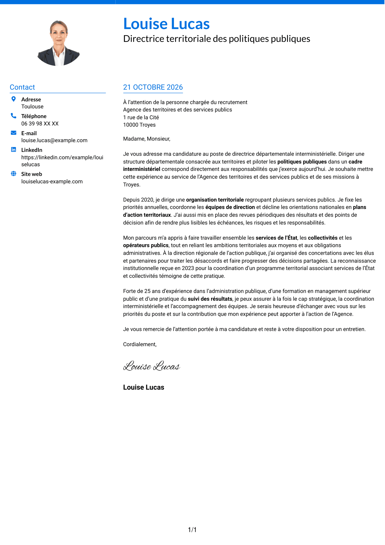 Lettre de motivation Audacieux (format à deux colonnes avec accents colorés et photo) : Directeur départemental interministériel - Pilotage des politiques publiques, page 1