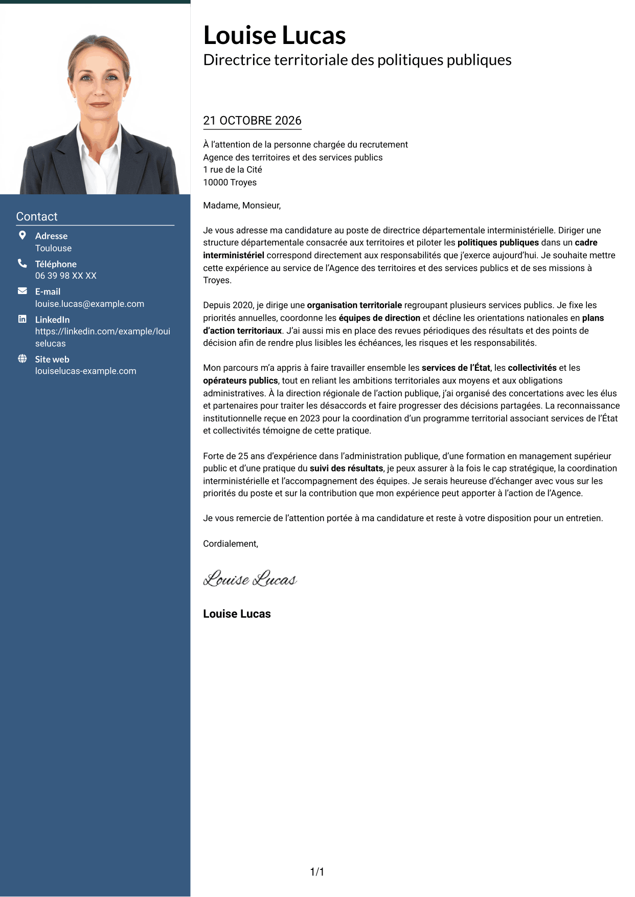 Lettre de motivation Signature (format à colonne latérale colorée avec grande photo) : Directeur départemental interministériel - Pilotage des politiques publiques, page 1