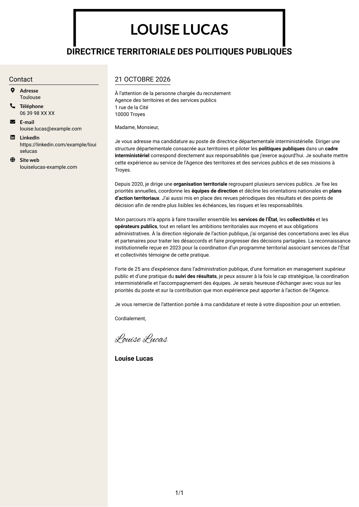 Lettre de motivation Fonceur (format à deux colonnes avec en-tête centré sans photo) : Directeur départemental interministériel - Pilotage des politiques publiques, page 1