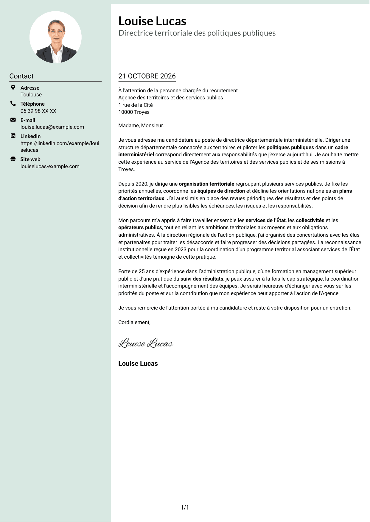 Lettre de motivation Cadre (format à colonne latérale douce avec photo arrondie) : Directeur départemental interministériel - Pilotage des politiques publiques, page 1