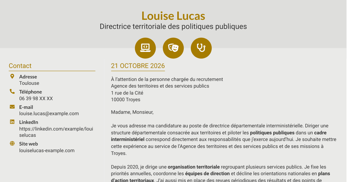 7 modèles de lettre de motivation pour Directeur départemental interministériel - Pilotage des politiques publiques, avec exemples