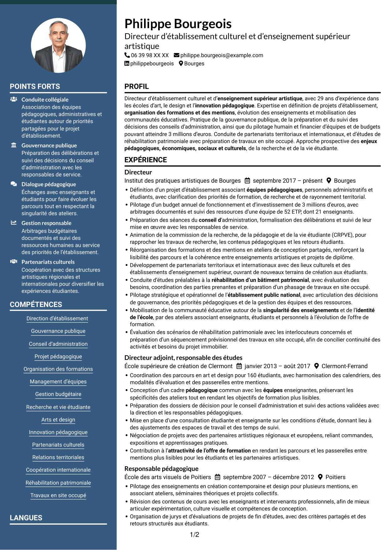 CV Élégant (format à colonne latérale colorée avec photo) : Directeur d’établissement d’enseignement supérieur artistique, page 1