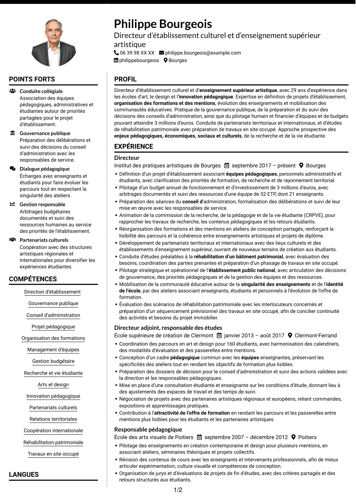 CV Moderne (format à deux colonnes avec photo à gauche et séparateur) : Directeur d’établissement d’enseignement supérieur artistique, page 1