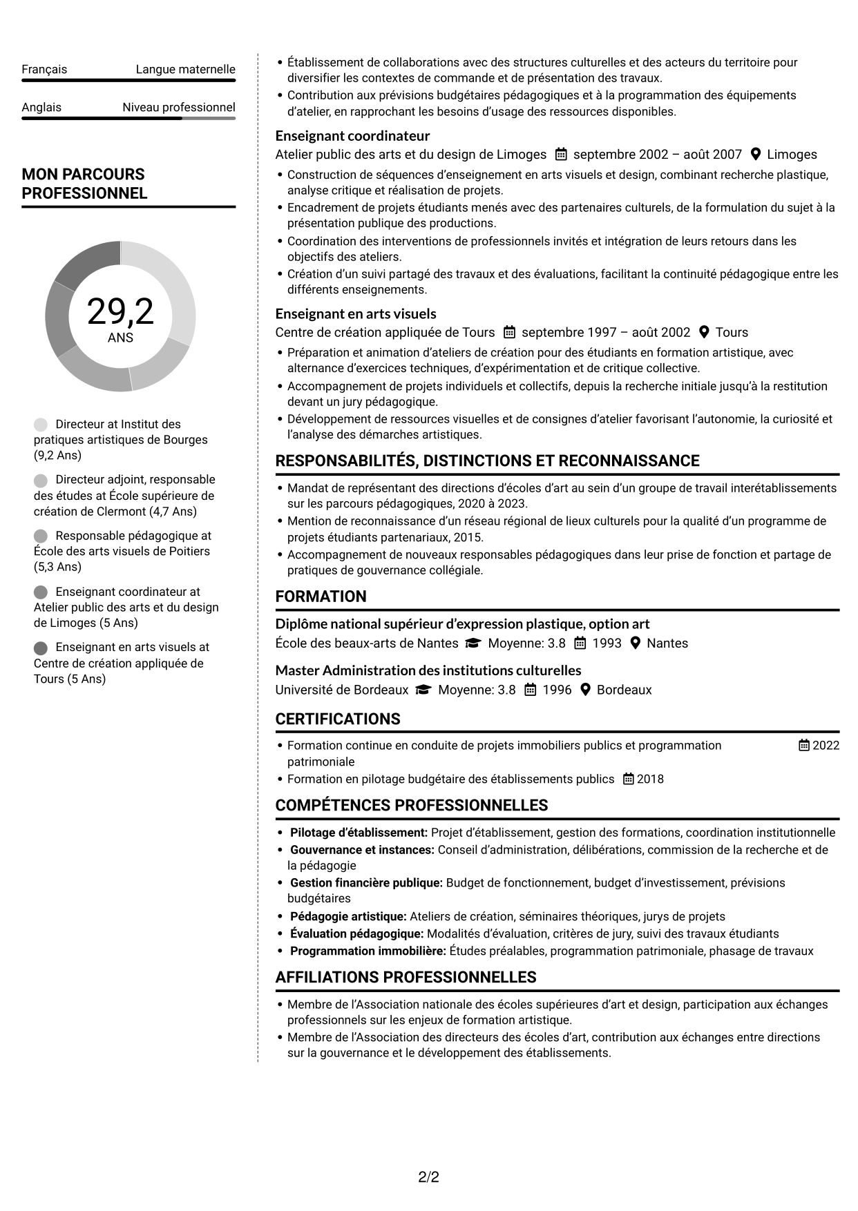 CV Moderne (format à deux colonnes avec photo à gauche et séparateur) : Directeur d’établissement d’enseignement supérieur artistique, page 2
