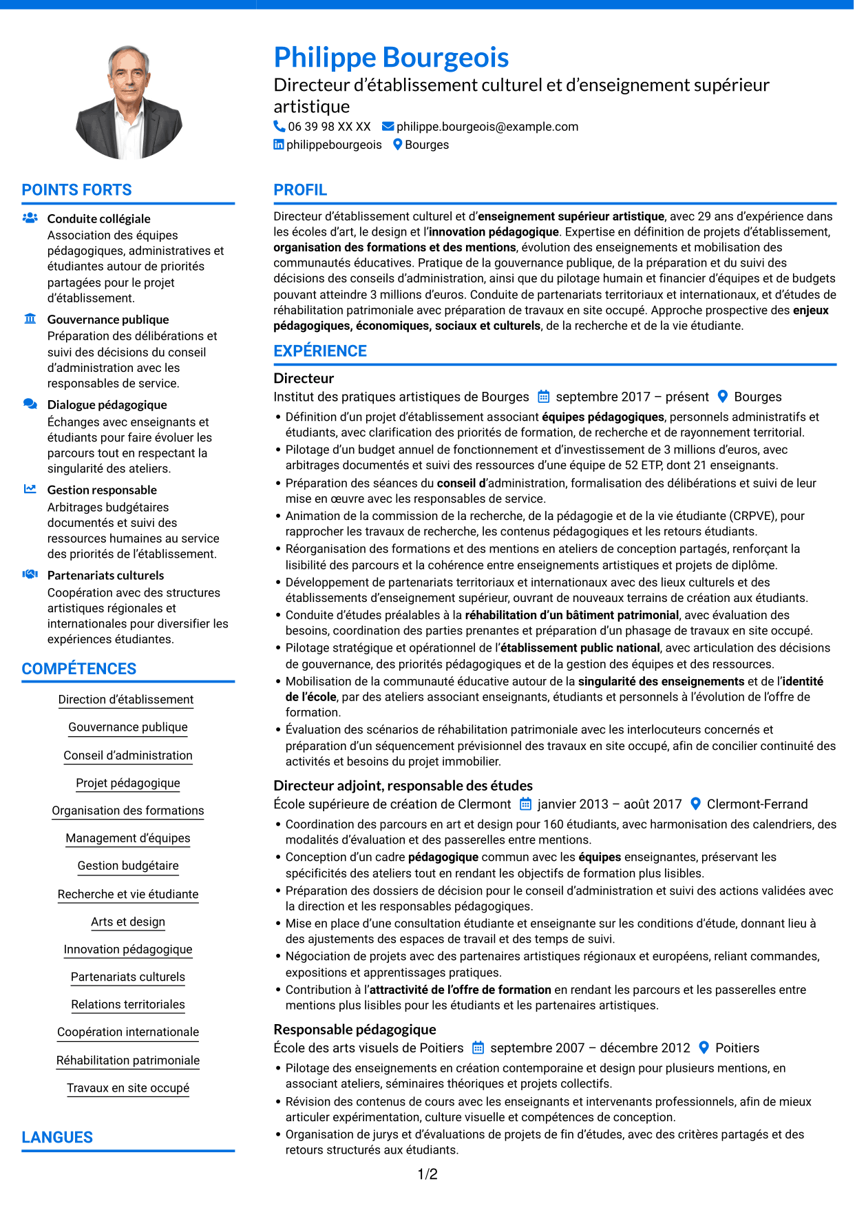 CV Audacieux (format à deux colonnes avec accents colorés et photo) : Directeur d’établissement d’enseignement supérieur artistique, page 1