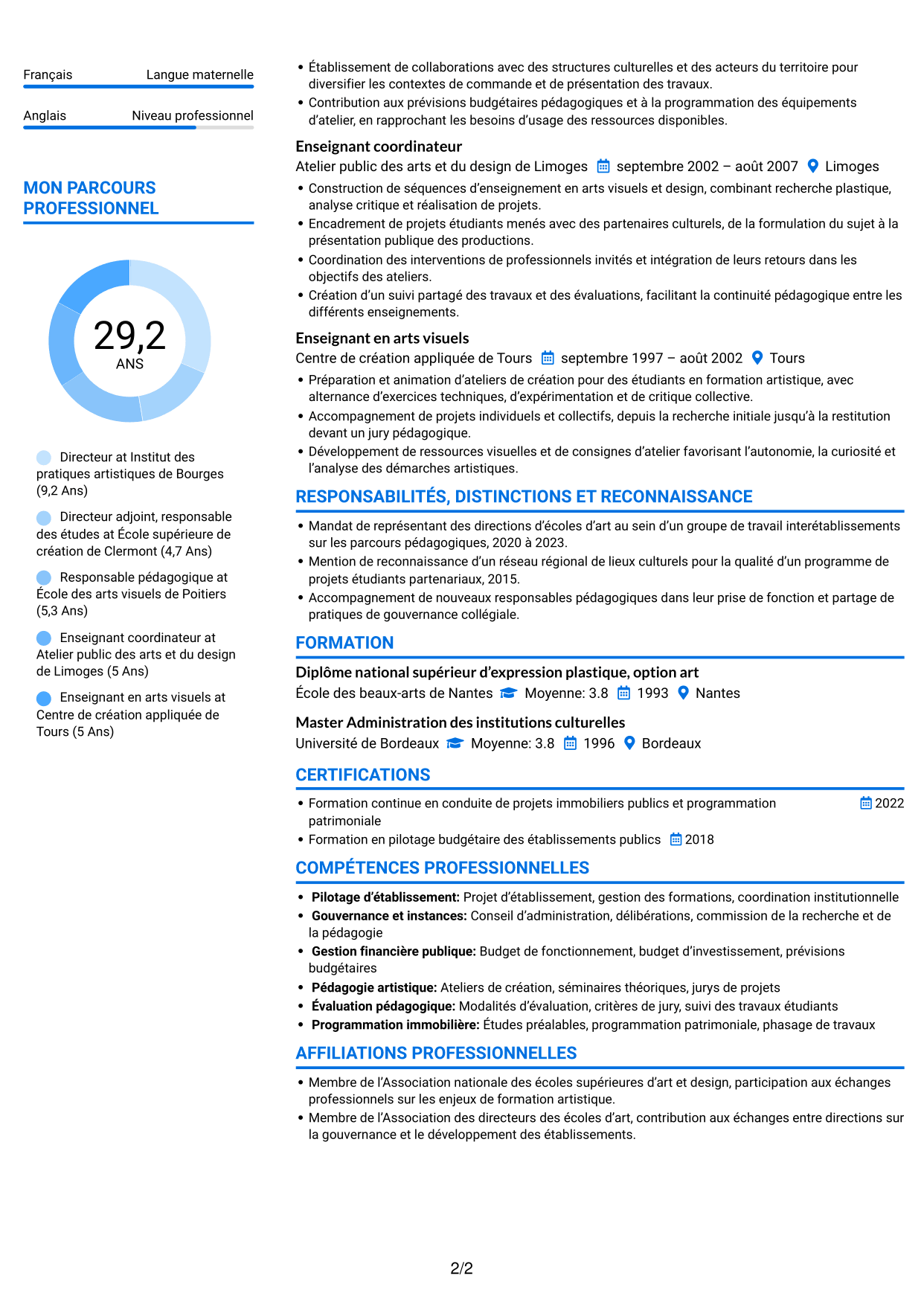 CV Audacieux (format à deux colonnes avec accents colorés et photo) : Directeur d’établissement d’enseignement supérieur artistique, page 2